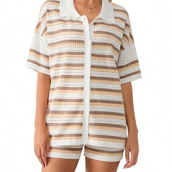 Khaki Casual Women's Stripe Button Crochet Knit Top & Shorts Set - Picture 4 of 10